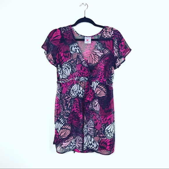 Two Hearts Maternity Tops - Two Hearts Maternity Sheer Butterfly Pink Blouse S